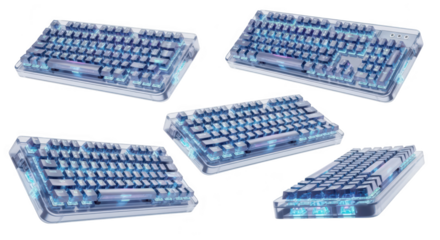 Transparent keyboards levitating backlit keys glowing studio white background showcasing gaming tech