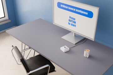 One key keyboard with text AI on office desk, computer monitor "Artificial General Intelligence, Press Button to Start" and coffee. AI as a one stop solution. Artificial General Intelligence AGI