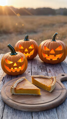 Three Carved Halloween Pumpkins and Pumpkin Pie Pieces on Wooden Farm Table with Autumn Sunlight