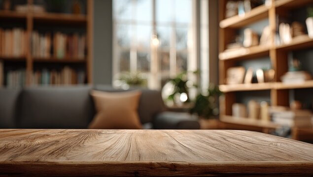 Wooden table top in a cozy home library