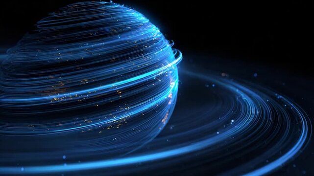 Celestial Symphony: A mesmerizing digital artwork of a planet, encircled by luminous rings, set against a backdrop of the enigmatic cosmos.