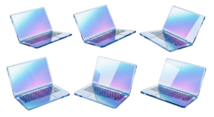 Futuristic transparent laptops in multiple perspectives isolated on white background used for tech concepts showing holographic displays