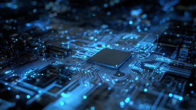 Circuit Board Blueprint: A high-tech circuit board design, illuminated with blue light, showcasing technological innovation and digital advancement.