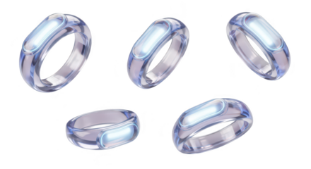 Clear rings displaying light arranged against a white background They potentially represent futuristic wearable technology