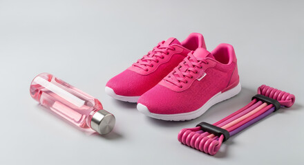 Illustration of fitness equipment including sneakers, water bottle, and resistance band