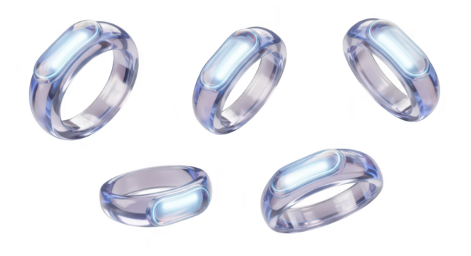 Clear rings displaying light arranged against a white background They potentially represent futuristic wearable technology