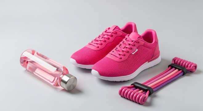 Illustration of fitness equipment including sneakers, water bottle, and resistance band