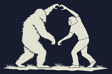 Fototapeta premium A heartwarming illustration of a friendly yeti and a person showing love and friendship by forming a heart with their hands on a dark background.