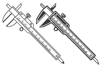 Vector illustration of a caliper for precise engineering measurements. Outline and solid black design for technical drawing and workshop concepts.