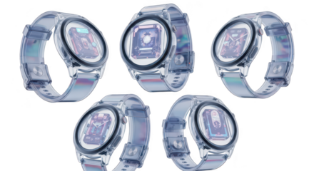 Transparent smartwatches displayed showcasing their design and futuristic interfaces against a clean white background; ideal for tech visuals