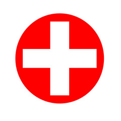 Vector illustration of a white plus sign symbol inside a red circle. A clean and simple design often used as an icon for first aid, medical services, health, or hospitals.