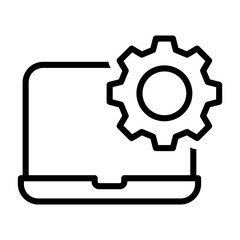 Laptop device icons collection. Gear setting symbol, Containing automated process development, progress, update, upgrade, speed, efficient time, startup, performance, website, operation signs