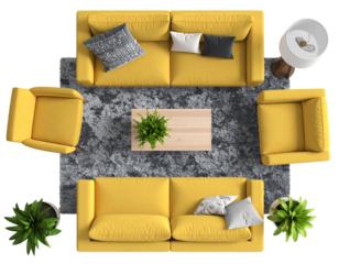 Yellow Interior Design Elements in an Organic Cluster with Overlapping Layout, Top View, Isolated