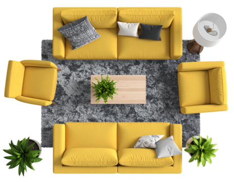 Yellow Interior Design Elements in an Organic Cluster with Overlapping Layout, Top View, Isolated - Powered by Adobe
