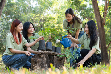 The volunteers show responsibility and teamwork as they collaborate to plant trees and care for plants. Their efforts support sustainability and conservation, helping earth thrive. Volunteer concept