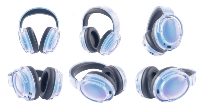 Transparent headphones in various angles on white background for modern audio technology advertising