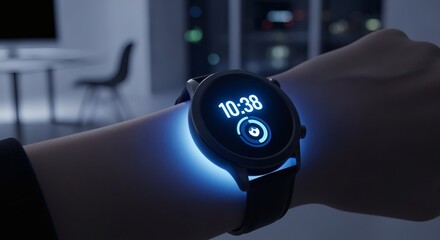 A person's wrist displays a glowing smartwatch with the time 10:38, set against a dimly lit, modern office background.