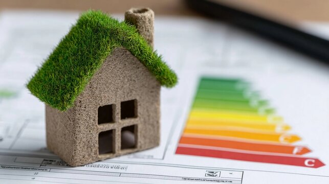 Model house with green roof on energy evaluation report in a simple workspace