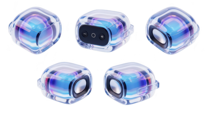 Cubed transparent wireless speaker multiple views product presentation isolated on white showcasing its design and features perfect for tech advertising