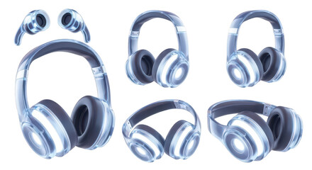 Transparent blue headphones and earbuds set rendered isolated on a white background showing a tech-forward design useful for music or audio
