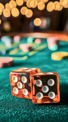 Orange Dice On Teal Casino Table With Blurry Lights