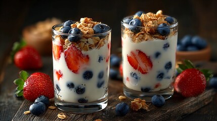 Fruit and yogurt parfaits with granola served in clear glasses on wooden table