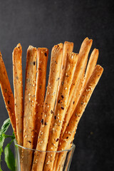grissotti breadstick Grissini breadsticks whole grain cereal fresh delicious gourmet food background on the table rustic food top view copy space