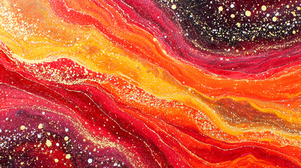 Red and Orange Abstract Art, High Contrast Colors with gold glitter on the surface of red and orange swirls