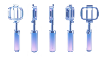 Five selfie sticks in different perspectives standing up on a white background showcasing angles for product use