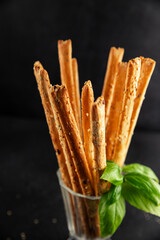 grissotti breadstick Grissini breadsticks whole grain cereal fresh delicious gourmet food background on the table rustic food top view copy space