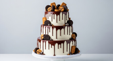 Illustration of a threetiered chocolate drip cake is decorated for a wedding party
