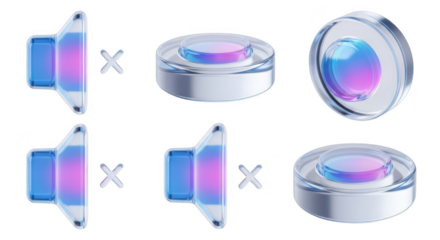 3D rendered speakers & buttons muted on a white background symbolizing silence or disabling audio controls Possible use in UI design or technology illustrations