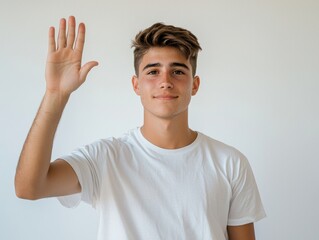 Young man with short tousled hair smiling and raising his hand in greeting against a plain white wall