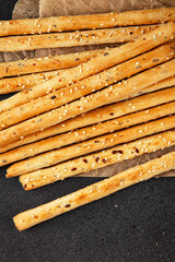 grissotti breadstick Grissini breadsticks whole grain cereal fresh delicious gourmet food background on the table rustic food top view copy space