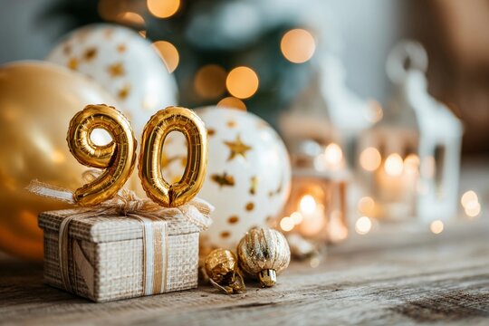 Golden balloons and decorations celebrating 90th birthday in festive indoor setting