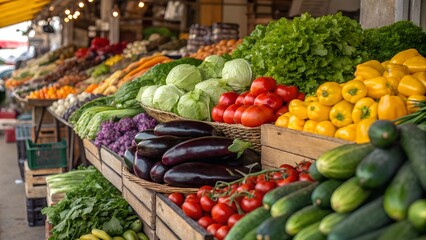 Obraz premium A wide variety of fresh, vibrant vegetables and ripe fruits are beautifully arranged on display at a bustling outdoor farmers market.