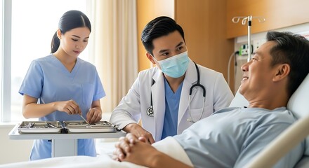 Fototapeta premium Medical Team Caring for Male Patient in Hospital Bed in Modern Clinical Setting