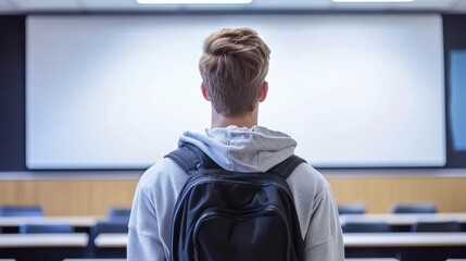 Young man with backpack standing in classroom facing blank whiteboard