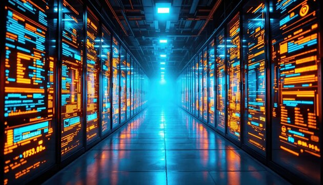 A futuristic server room illuminated by blue and orange lights, showcasing rows of data storage units in a high-tech environment. - Powered by Adobe