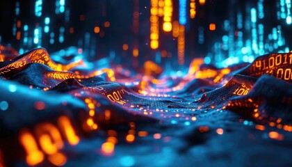 A vibrant, abstract representation of data flow, featuring glowing binary code on a wavy surface, symbolizing technology and digital information.