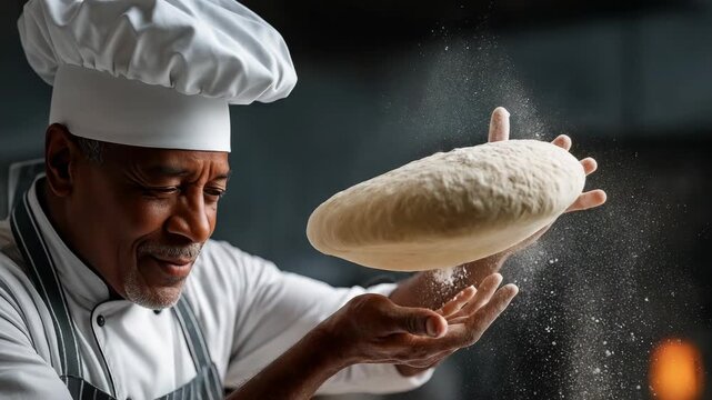 Baker expertly tossing dough with flour kitchen, cooking bread with skill and focus, chef preparing perfect pizza dough kitchen