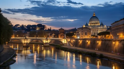 Fototapeta premium A historic domed building and illuminated bridge stand by a river at night, with bright city lights reflecting on the calm water.