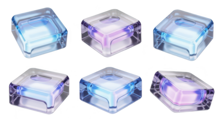 Translucent cubes isolated on white displaying a gradient of blue and purple light emitting from inside perfect for design and abstract elements