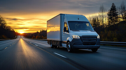 Obraz premium Large Transportation Truck on a highway road through the countryside at sunset