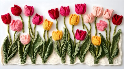 Artisan Display of Multicolor Crochet Tulips for Market or Studio Showcase, Vibrant Crocheted Flowers Arranged, Hand-Crocheted Tulips in Various Colors with Leafy Stems Display on white background