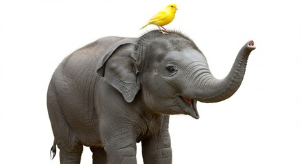 Obraz premium 小さな象の上で黄色い鳥が輝く 幸せな瞬間. AI Generated