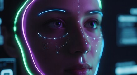 Close-up of a person's face with neon glowing lines and tracking points for digital recognition.