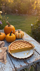 Close-up of Wooden Farm Table with Orange Pumpkins and Half of a Pumpkin Pie on a Plate