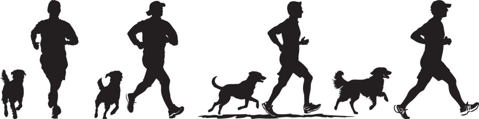 Dog and Owner Running Silhouette A human jogging with a dog beside them. full length silhouette black vector illustration