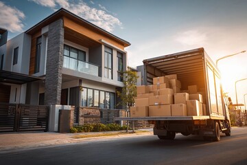 Delivery truck unloading boxes in front of modern house during golden hour